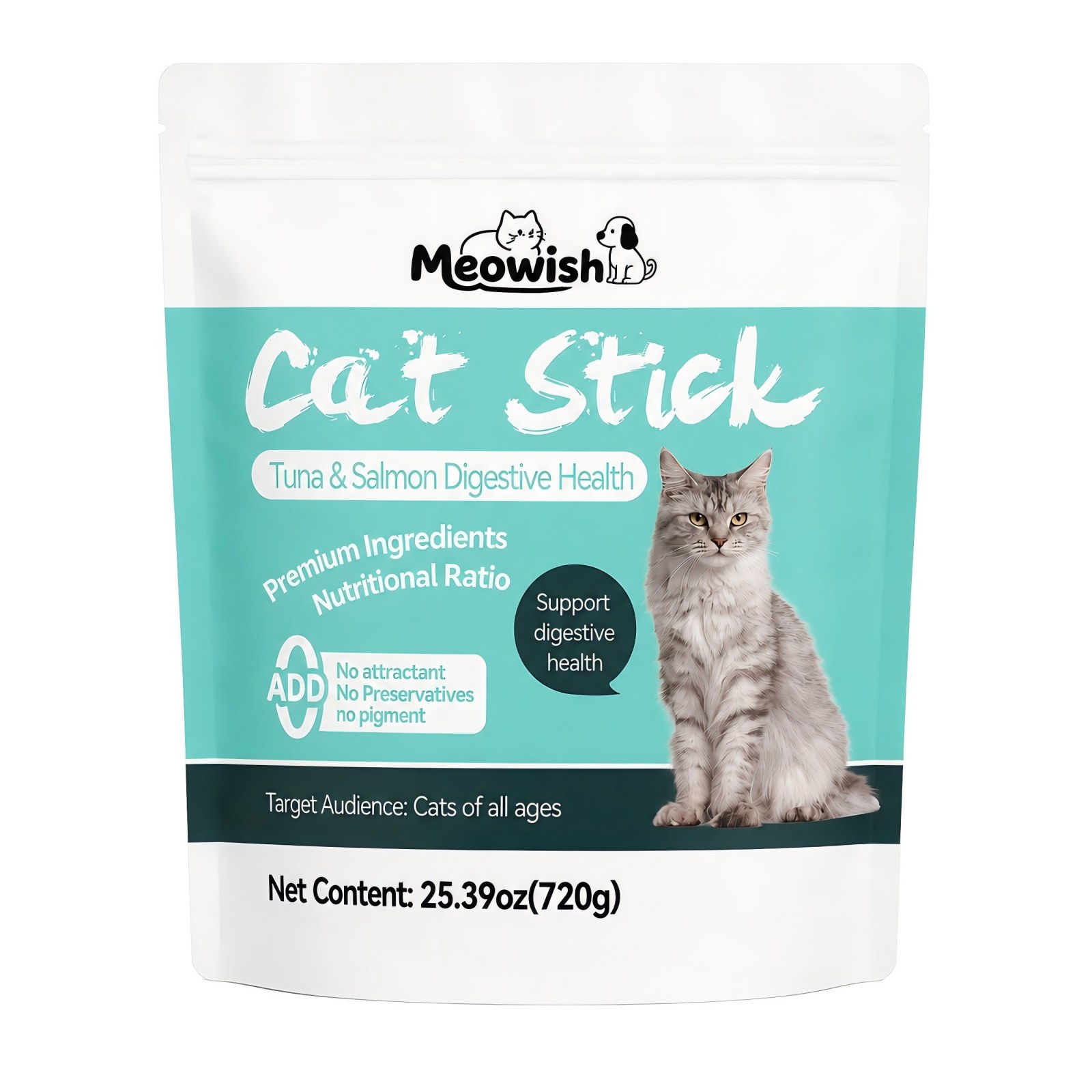 Meowish Lickable Cat Treats 48 Sticks Tuna & Salmon Digestive Support Puree Sticks for All Ages Cats 720g/25.39oz No Preservatives or Artificial Additives