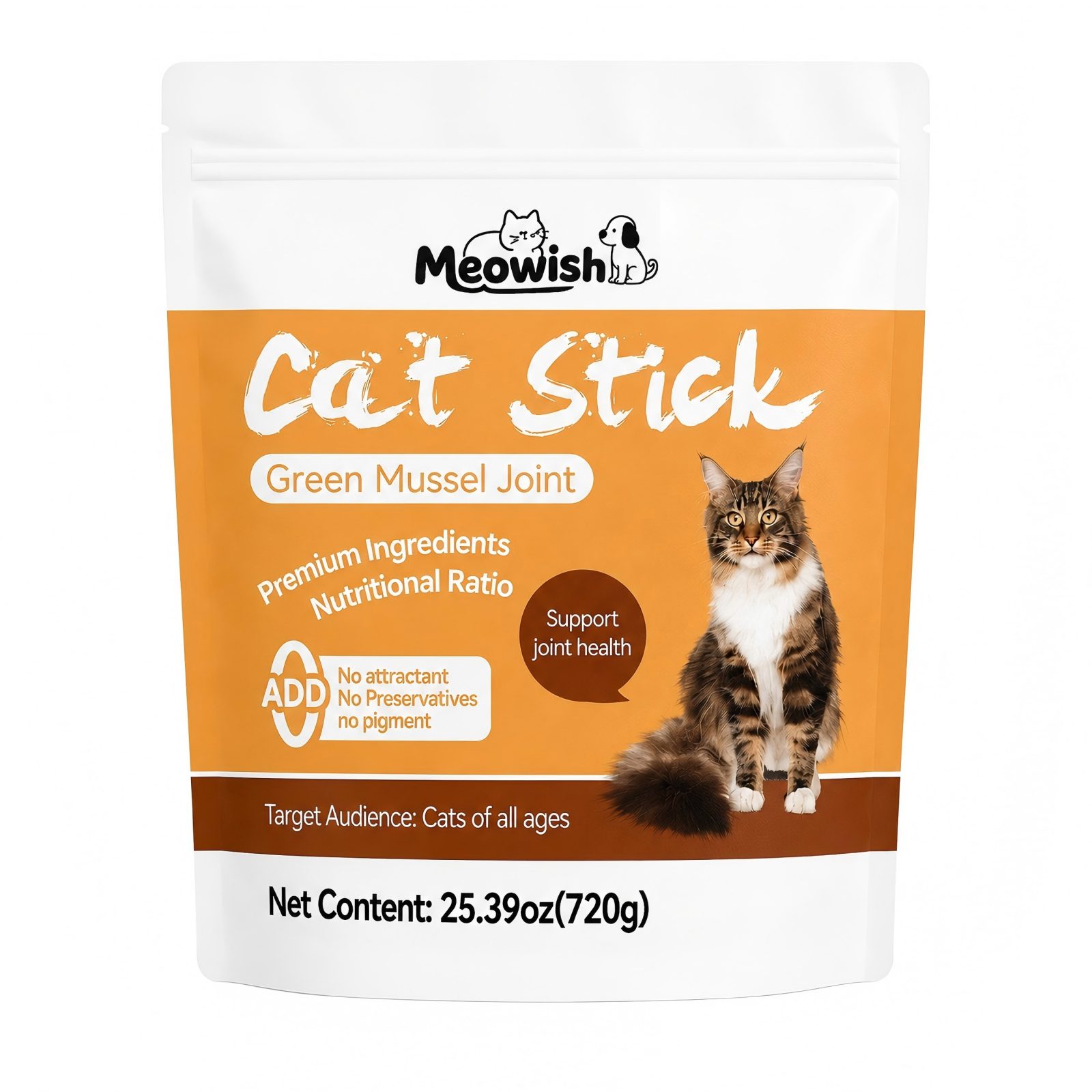 Meowish Lickable Cat Treats 48 Sticks Green Mussel Daily Joint Care Puree Sticks for All Ages Cats 720g 25.39oz No Preservatives or Artificial Additives